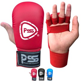 PSS Kids Karate mitt gloves for Boxing Martial Arts jab Training sparring junior pads open finger palm style Without Thumb Black Blue & Red Color 1018 (1018 Red, L)