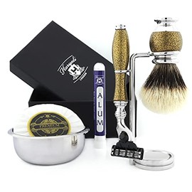 Haryali London 6 Piece Mens Shaving Set with 3 Blades, Badger Hair Brush, Bowl, Stand, Soap and Alum Perfect Gift Set for Men