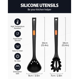 Silicone Pasta Fork and Ladle Spoon Set, Large Non Stick Kitchen Utensils for Cooking,Stirring,One Piece Serving Spaghetti, Soup, Sauce (BLACK)