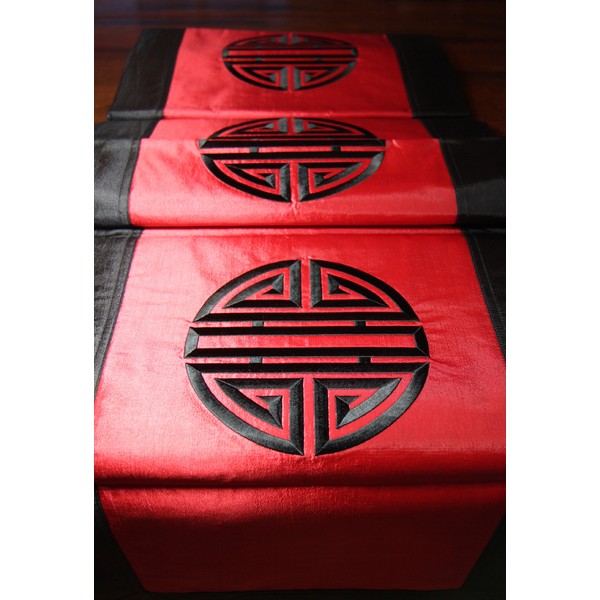 Silk Embroidered Table Runner -Happiness Red Silk- Made in Vietnam-STR1