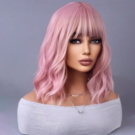 WTHCOS Short Pink Wig with Bangs Pink Wig for Women Short Curly Wave wig Synthetic Shoulder Length Bob Cosplay Colored Wig