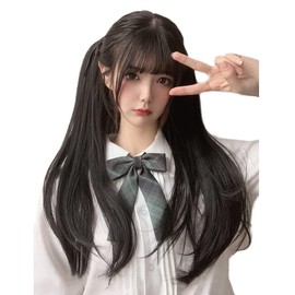 Cute Princess Ponytail Wig, 1 Piece, Long Curl/Straight/Inside Outfit, Point Wig, Dressing Dress, Lolita, Fluffy, Twin Tail Extensions (Black, Brown, 14.2 inches (36 cm), Inside Hanging,