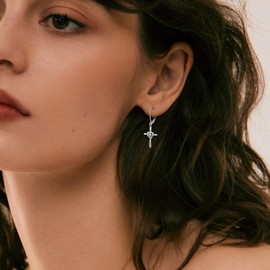 JIWOY Cross Earrings Sterling Silver Crucifix Dangle Drop Earrings Heart Cubic Zirconia Religious Jewelry for Women