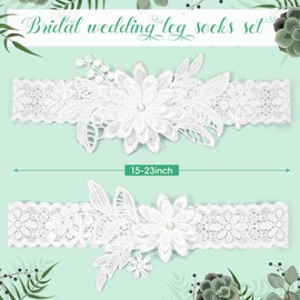 Syhood 2 Pieces Wedding Garters for Bride Sexy Lace Leg Garter Belt Hand Sewn Faux Pearls Bride Garter Set(Milk White)