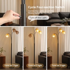 Boho Floor Lamp for Living Room, 72 Inch Tall Rattan Floor Lamp with Rotary Switch, 3-Lights Arched Lamp with Wicker Shade for Coastal,Bohemian,Mid Century Modern ,Farmhouse,Beach Tree Standing Lamp