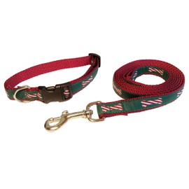 Preston Peppermint Stick Dog Collar and Leash Set for Christmas and Holidays – Candy Cane Dog Bone Design on Green Ribbon with Red Nylon Webbing