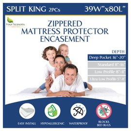 Split King Mattress Encasement 39" x 80" (2PCs Twin XL) - Waterproof Zippered Protector Hypoallergenic Premium Quality Deep Pocket Cover for Adjustable Beds and Split Mattresses (16"-20" Depth)