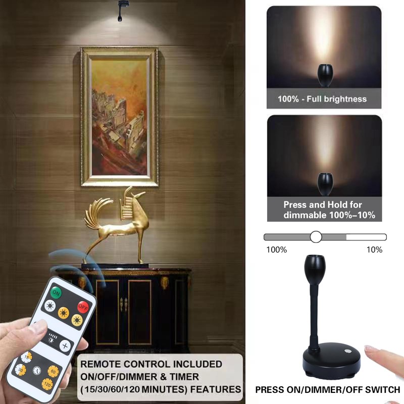 LED Spotlight, Battery Powered Picture Lights, Uplighting Indoor, 3 Lighting
