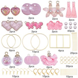 SUNNYCLUE 1 Box DIY 10 Pairs Valentines Day Pink Flower Earring Making Kit Butterfly Heart Tassels Global Charms Resin Pendants Pearl Beads Jewellery Making Starters Set Supplies for Women Beginners