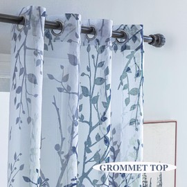 White Navy Blue Curtains 84 Inch Length 2 Panels Set, Semi Sheer Window Curtain Drapes for Living Room/Bedroom, Blue Nature Tree Branches Patterned Linen Textured Curtains, Grommet Top W52XL84
