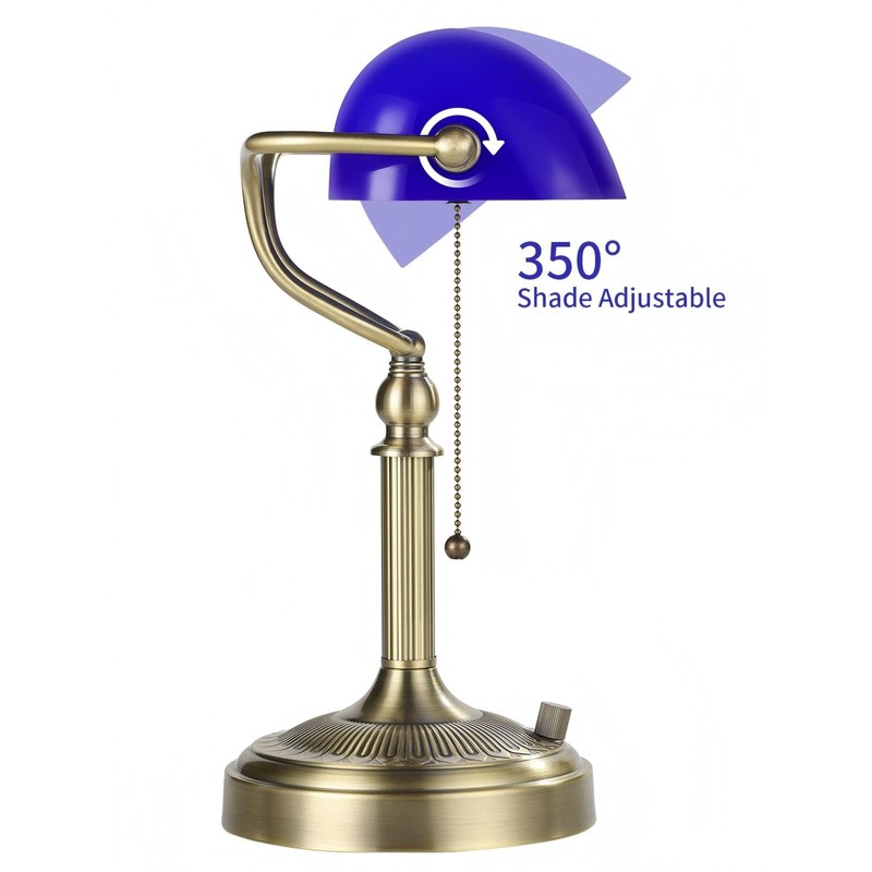 Newrays Blue Glass Bankers Desk Lamp, Stepless Dimmable Table Lamp