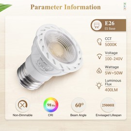 DiCUNO PAR16 LED Bulb, 5W 50W Halogen Equivalent, 5000K Daylight White High CRI 98, 100-240V E26 Base Light Bulb 400 Lumens Non-Dimmable Spotlight, 60 Degree Beam Angle, 6 Packs