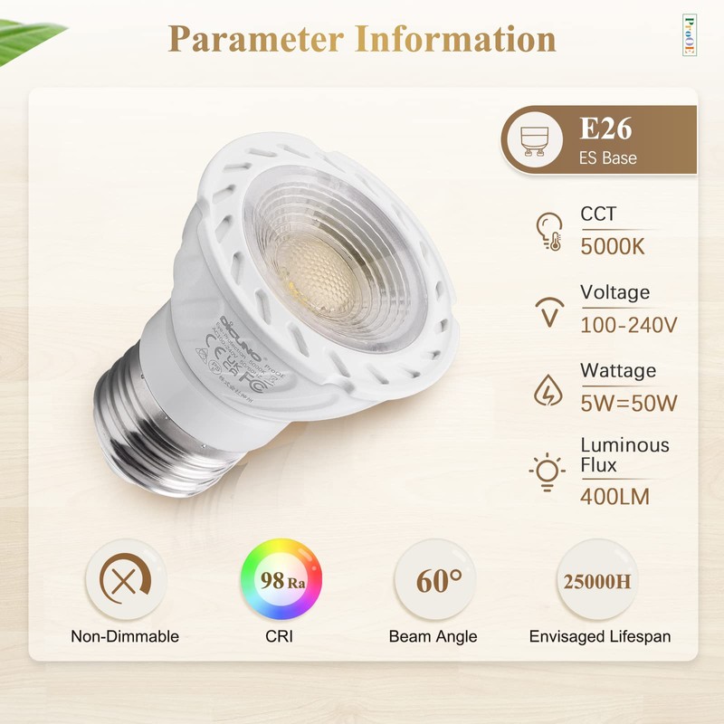 DiCUNO PAR16 LED Bulb, 5W 50W Halogen Equivalent, 5000K Daylight