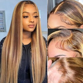 20 inch 13x6 Ombre Highlight Lace Front Wig Human Hair 4/27 Colored Straight Human Hair Wigs HD Transparent Lace Frontal Wigs Pre Plucked with Baby Hair 180% Density