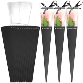 LNQ LUNIQI 10Pcs Single Roses Flower Present Box Flower Bouquet Bags Cone Flower Bouquet Wrapping Paper for DIY Florist Bouquet Valentines Day Wedding Birthday present (Black)
