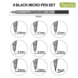 Dacono Fine Liner Pens Black - Set of 9 Fine Liner Pens Black Ink Water Resistant Pigment Liner, Brush Pens for Art Sketching, Technical Drawing, Illustration, Office Documents and Bullet Journal
