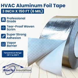 BlueTex Insulationㅤ HVAC Aluminum Foil Tape 3 inch x 150 ft (6 mil), Professional Grade Silver Metallic Tear-Proof HVAC Tape, Heavy Duty Aluminum Tape for Ductwork, Dryer Vent & Insulation - 8 Rolls