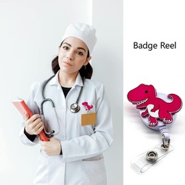 Badge Reels Retractable Cute Nurse Badge Reel with Alligator Clip, Pink Dinosaur Funny ID Badge Holder for Nurses, Doctors, Teachers, Office Worker