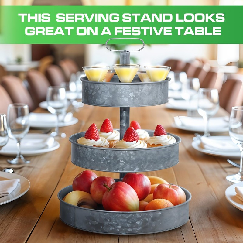 Plexon 3 Tiered Tray Stand, Metal Tiered Serving Tray, Round