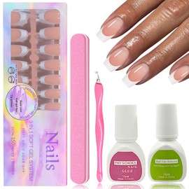 Virellay Pack of 150 Ballerina Press on Nails French, Nude Artificial Nails for Sticking French with 2 Glue, Medium Fake Nails French for Women DIY (Nude Square French Medium, 150 Pieces)