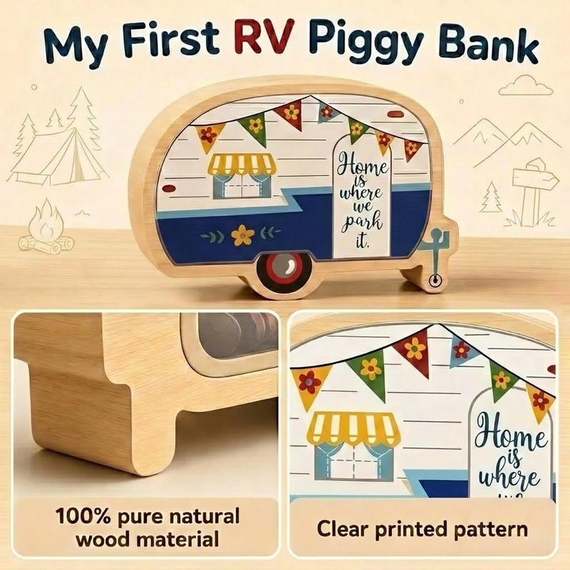 Unique RV Piggy Bank for Kids, Boys and Girls, Wooden