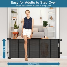 Reinforced 28" Tall Dog Gate 80" Wide Retractable Baby Gate, Easy Step Over Pet Gate Indoor Outdoor Retractable Gate with Support Rods, Short Baby Gate Stair Gate, Puppy Gates for The House, Black