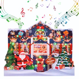 WUJUN Musical Christmas Card, 3D Christmas Pop Up Cards with Lights and Music of Merry Christmas, Double-Sided Pattern Design, Holiday Greeting Card for Christmas House, Blue