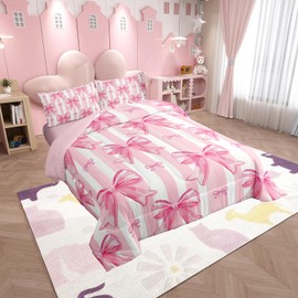 Feelyou Pink Bowknot Comforter Set,Dreamy Princess Bowknot Bedding Set Full Size,Girls Bedroom Room Decor,Cute Bow Girly Comforter,Kawaii Geometric Bow-tie Bed Set for All Season