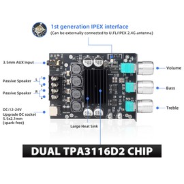 ZK-1002T Bluetooth Amplifier Board, 100W+100W 2.0 Channel Stereo Audio Power Amp, TPA3116D2 Chip, DC 12-24V with Treble and Bass Control, BT & AUX Input for DIY Wireless Speakers