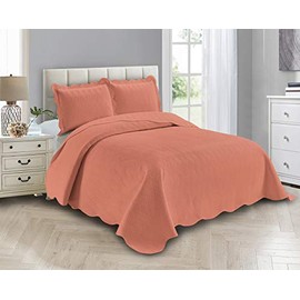 Linen Plus Luxury Oversized Coverlet Embossed Bedspread Set Solid Coral Full/Queen Bed Cover New # Ashley