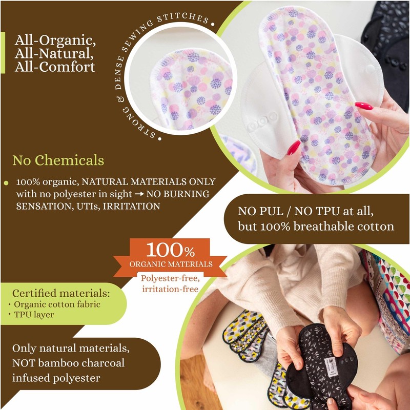 Washable Pantiliners Organic Cotton with Non-Slip Print; 7 Pack (M)