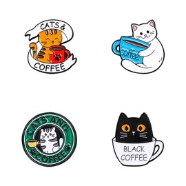 sunruchao 4Pcs Cat&Coffee Enamel Pins Set Black Coffee Cat Cup Brooches Cute Cats Coffee Lapel Pin Brooches for Women Girls Cat Letter Badge Pin Backpacks Clothes Accessories