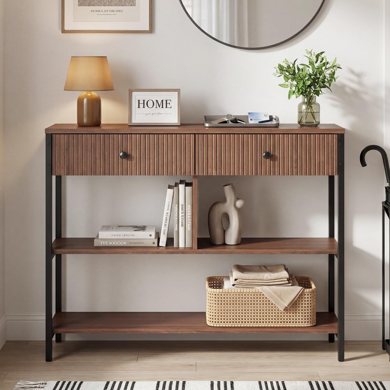 Manora Fluted Console Table with Wooden Drawers, Slim Entryway Table