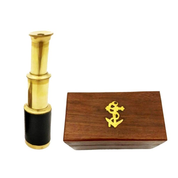 6" Brass Handheld Telescope with Wooden Box - Pirate Navigation with Anchor Wooden Box Rustic Vintage Home Decor Gifts