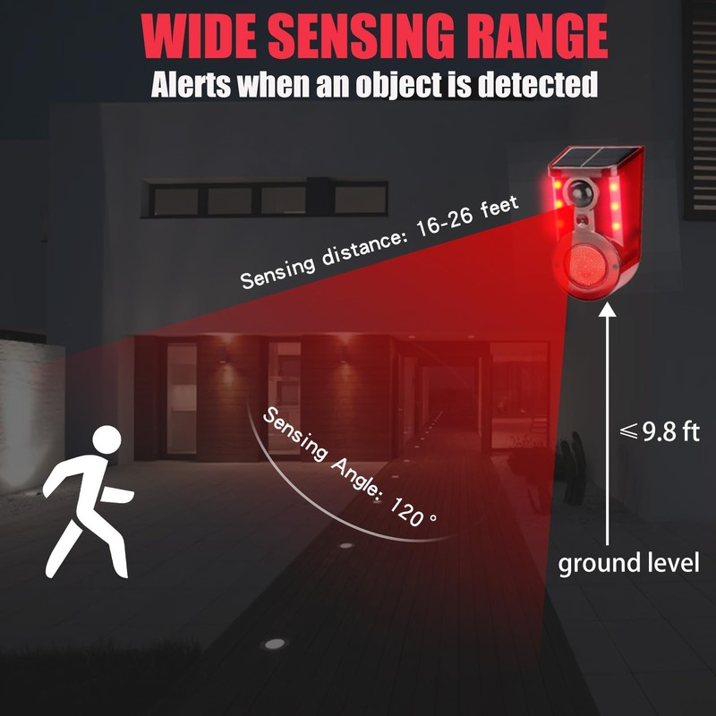 Solar Motion Sensor Alarm Device - Waterproof, Multi-Mode, Wide-Angle Sensing,