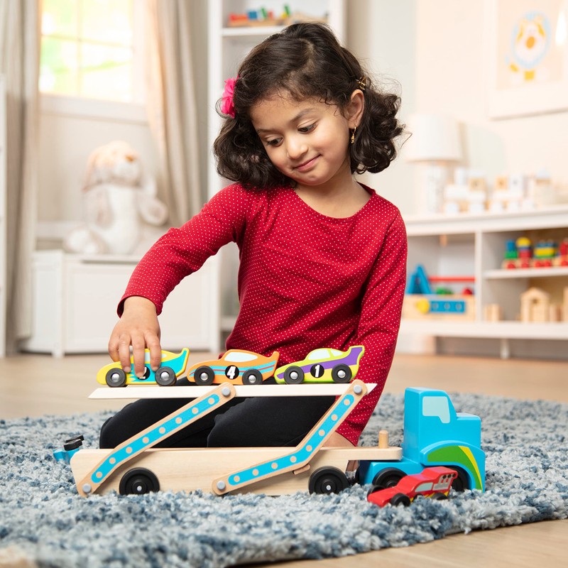 Melissa & Doug Mega Race-Car Carrier - Wooden Tractor and