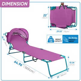 Northroad Beach Lounge Chair with Canopy Shade, Adjustable 4 Position Foldable Tanning Chair, Outdoor Heavy Duty Chaise Lounge Chair, for Poolside Patio Sunbathing Lawn, UPF 50+, Purple