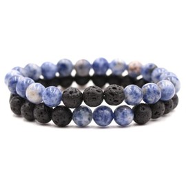 2Pcs Matte Lava Rock Volcanic Stone Beads Stretch Bracelet 8mm Volcanic Rock Aromatherapy Essential oil Diffuser Bracelet Tiger Eye Seed Energy Yoga Bracelet Healing Aromatherapy Jewelry-blue