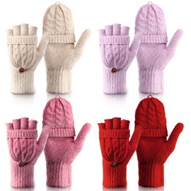Tarpop 4 Pairs Women Winter Convertible Gloves Fingerless Mittens Knit Flip Wool Gloves Warm Half Finger Gloves with Cover (Pink, Purple, Beige, Red)