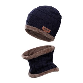 MengH-SHOP Children's Winter Hat Winter Scarf Warm Knitted Hat and Circle Scarf Set Outdoor Scarf Beanie Skull Cap for 5-12 Years Boys Girls, navy blue