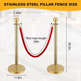 8 Pack Stanchion Post, 5 ft Red Velvet Rope Red Carpet Ropes and Poles, Stainless Steel Gold Stanchions for Grand Opening Casino Theme Party Decorations Crowd Control Barriers