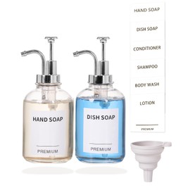12oz Dish Soap Dispenser for Kitchen, Hand Glass Soap Dispenser Set with Pump, Tray, Funnel for Bathroom, Shower, Laundry, Liquid, Lotion (Silver 2 Pack Clear Bottles with 12 Stickers)