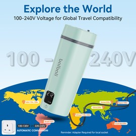 balbali Portable Tea Kettle for Travel 100-240V Dual Voltage - 6 Preset Electric Portable Water Heater for Boiling - Self Heating Cup/Thermos - 12oz Hot Water Boiler/Heater/Warmer - Green