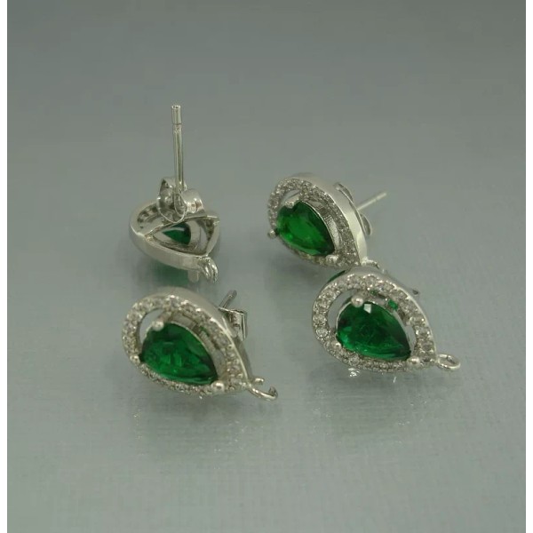 Unbranded 2pcs-Teardrop Emerald Cubic Zirconia CZ Rhodium Plated Earstud Earrings