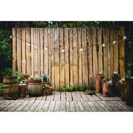 YongFoto 3 x 2 m Vinyl Photo Background Striped Wooden Wall Wooden Floor Barrels Wooden Stakes Photography Background Wedding Party Photo Studio Backgrounds Props