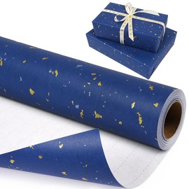 Navy Blue Wrapping Paper Roll-17Inch×33Feet, Matte Kraft Wrapping Paper Roll, Gift Wrapping Paper with Silver and Gold Foil Flake, Navy and Gold Foil Wrapping Paper for Birthday Christmas Wedding