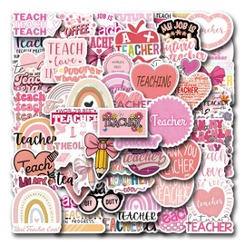 50 Pcs Teacher Stickers, Waterproof Vinyl Decals for Teachers Nurse, Water Bottle Stickers for Laptop Vision Board Hydroflasks Journaling Scrapbook (Pink Teacher)
