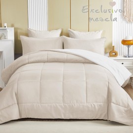 Exclusivo Mezcla Lightweight Reversible 3-Piece Comforter Set All Seasons, Down Alternative Comforter with 2 Pillow Shams, Queen Size, Brich Beige/White