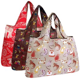 allydrew Large Foldable Tote Nylon Reusable Grocery Bags, 3 Pack, Elephant Owls Cats