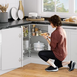 YITAHOME 31" Lazy Susan Turntable with Chrome Pie-Cut Design, 270° Chrome Corner Organizer with 2 Shelves and Adjustable Height for Cabinet, Silver